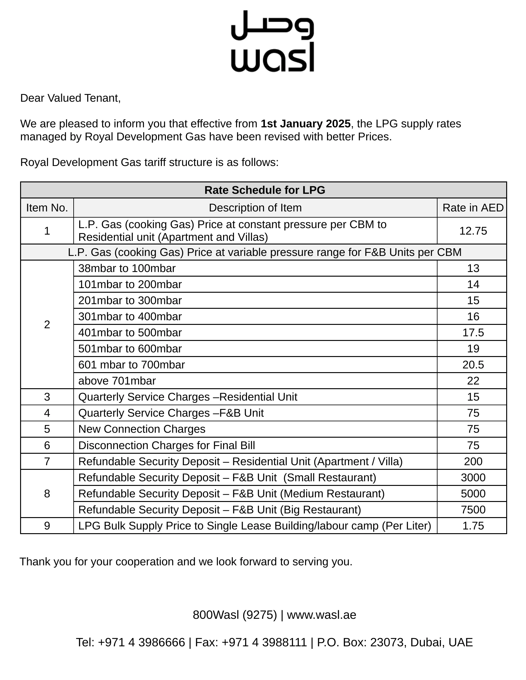 Royal Development Gas LPG supply rates
