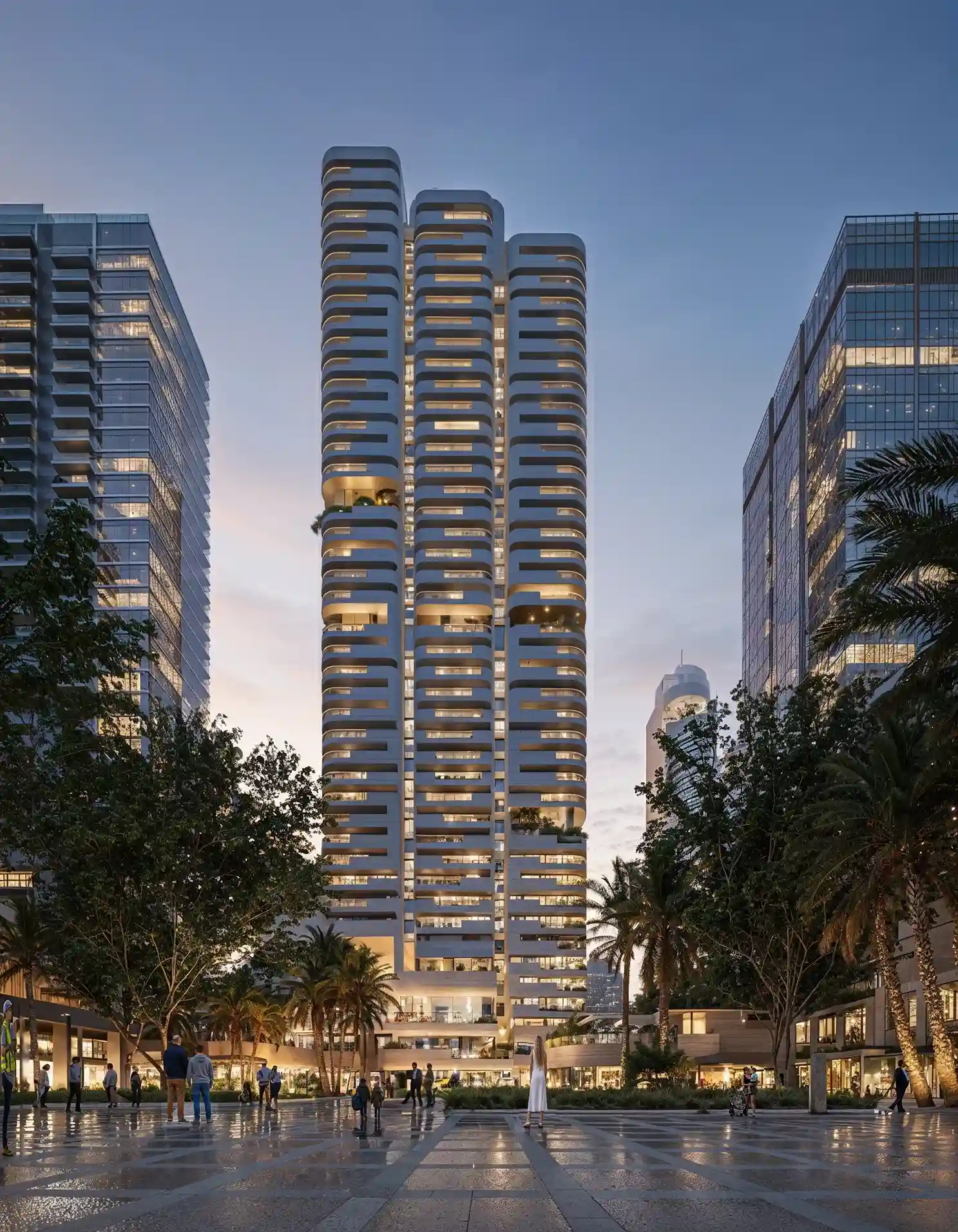 Nine Collective Wasl exterior view at dusk showcasing distinctive architectural design